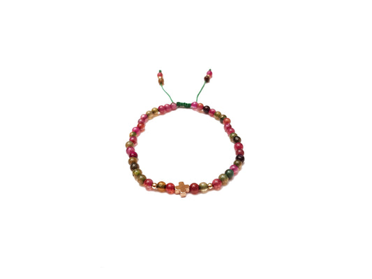 Pulsera de agatas multicolor con cruz de hematita rosa