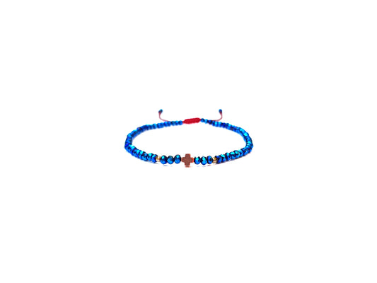 Pulsera Azul De Protección Con Cruz De Hematita Dorada