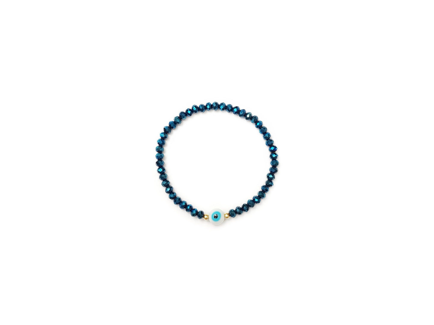 Pulsera de cristal azul metalico con ojo turco al centro