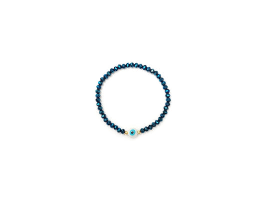 Pulsera de cristal azul metalico con ojo turco al centro