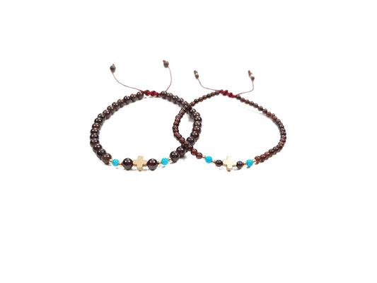 Juego De Pulseras De Granate Con Cruz De Hematita Para Parejas