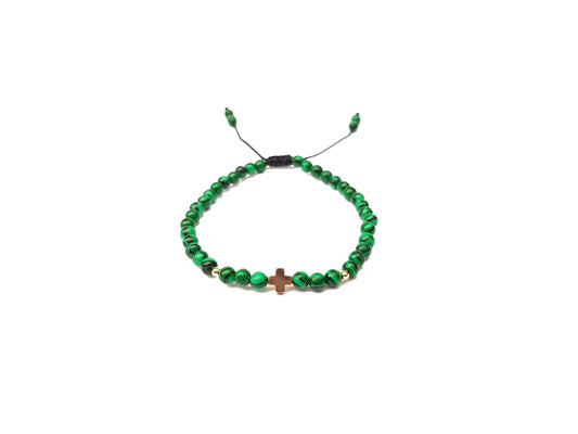 Pulsera De Malaquita Con Cruz De Hematita Y Oro