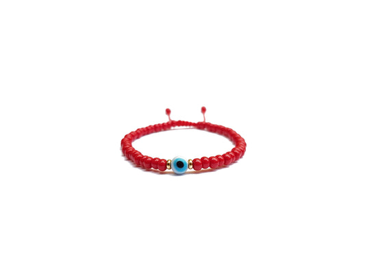 Pulsera Roja De Protección Con Ojo Turco Blanco Y Donas De Oro