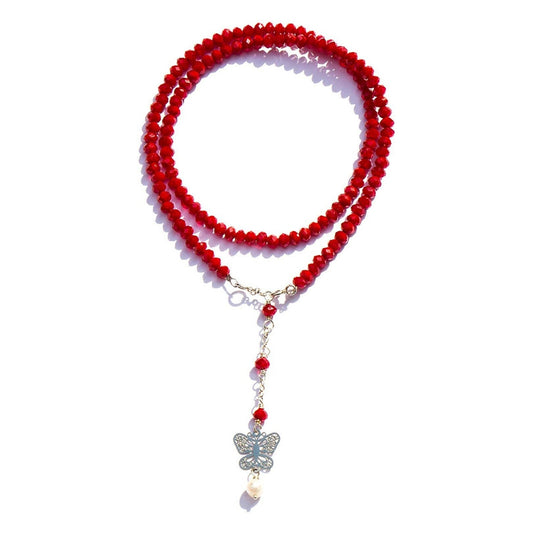 Gargantilla de Cristal Rojo con Mariposa de Plata