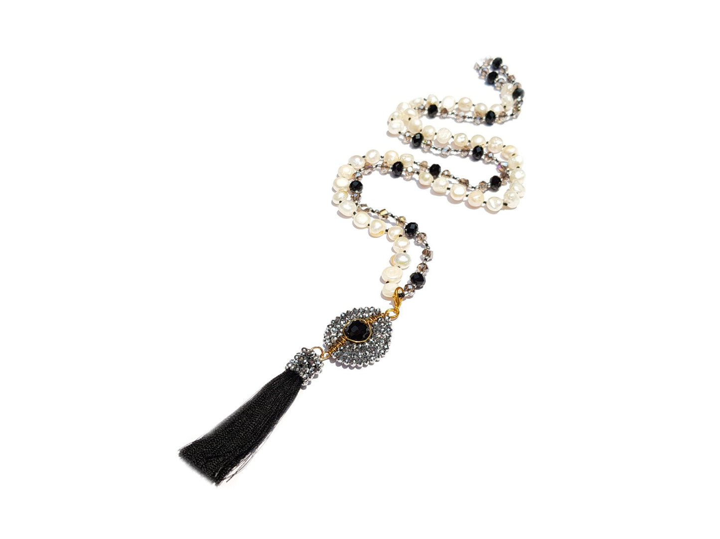 Collar perla natural cristal y borla negra