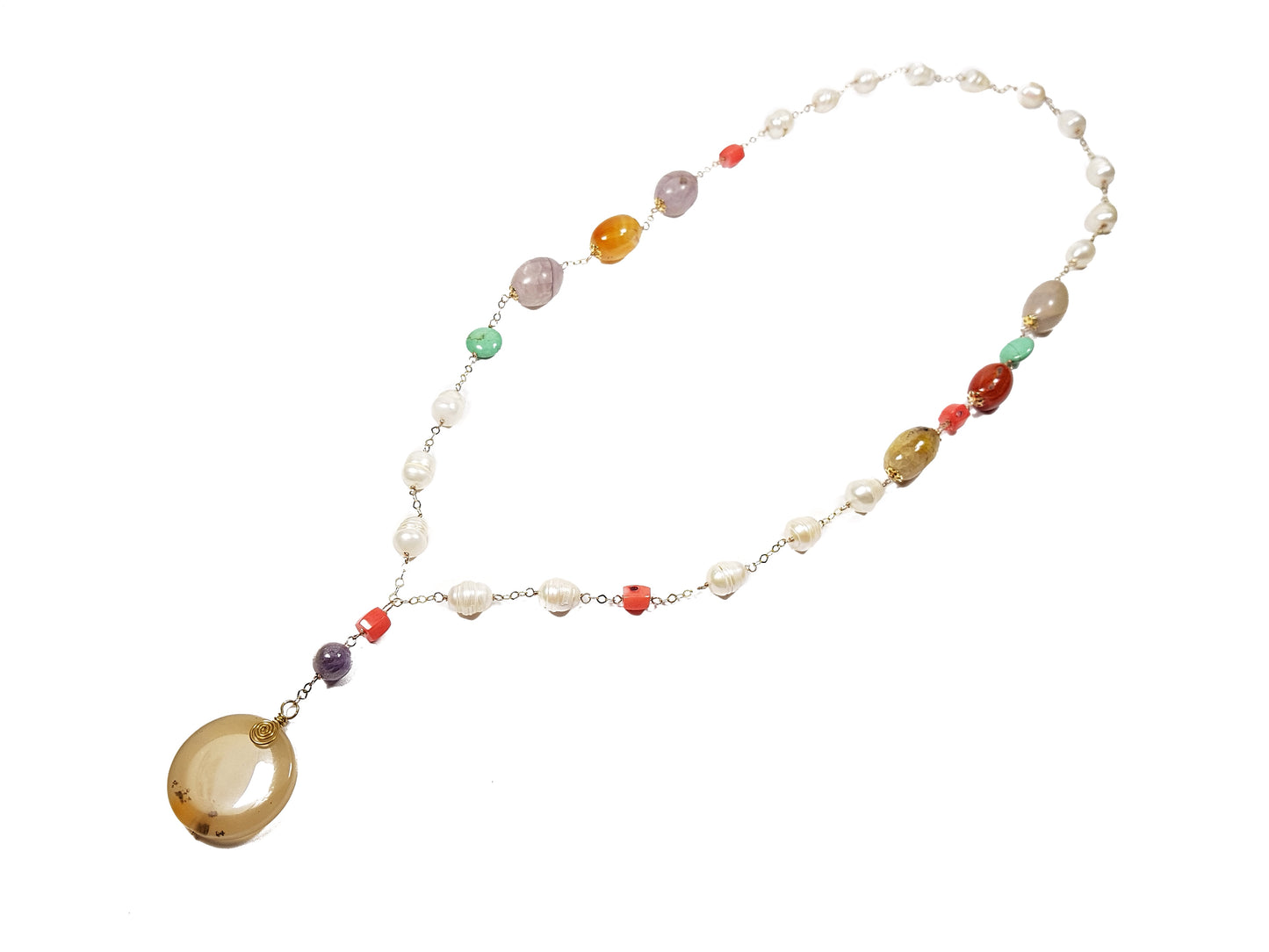 Collar engarzado de perlas cultivadas con ágatas multicolor